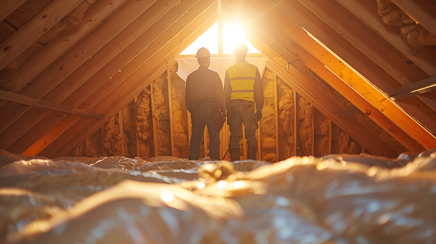 contractors installing attic insulation